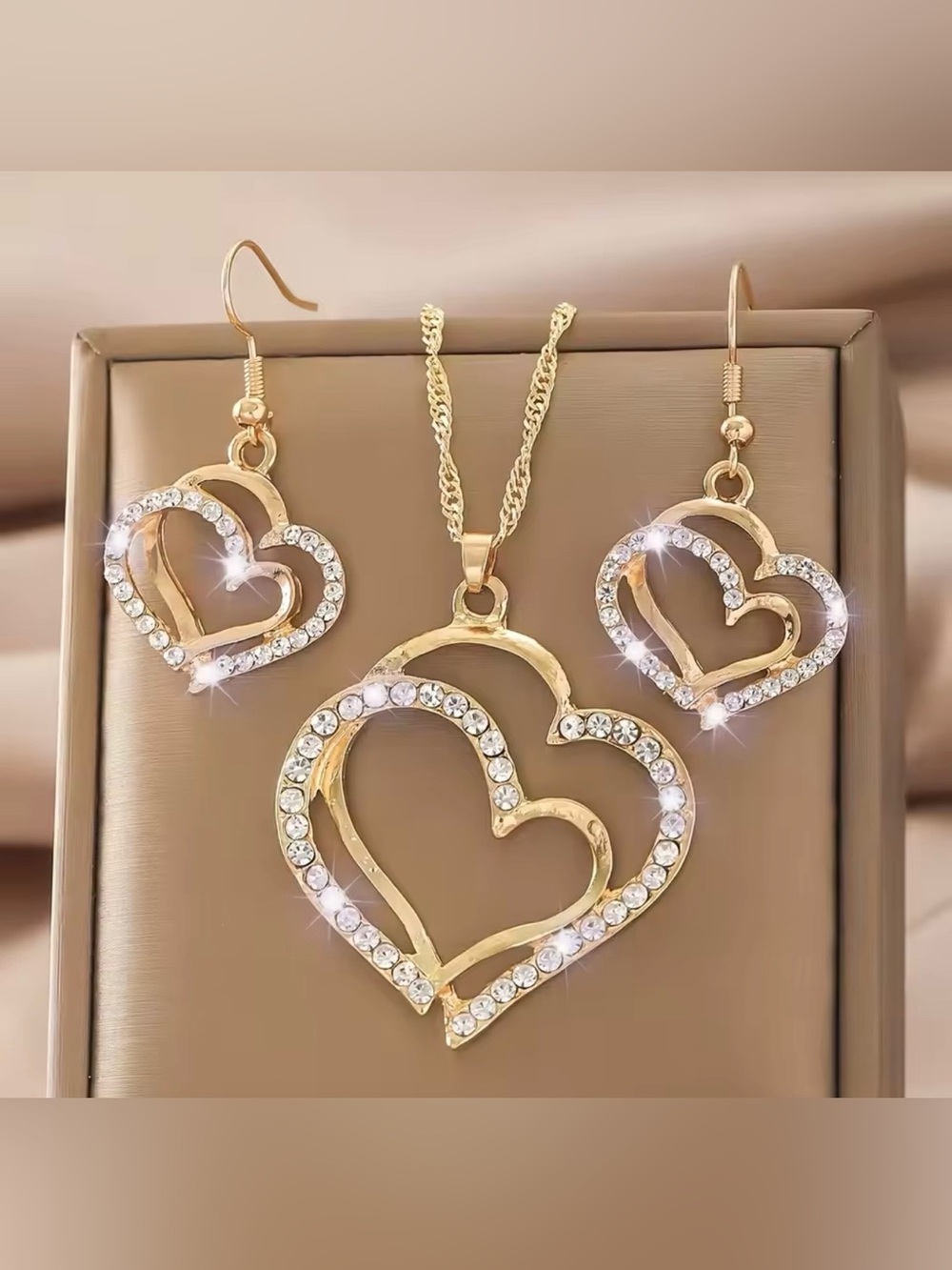 Gold Heart Crystal Rhinestones Pendant Necklace and Earring Set Gold and Silver